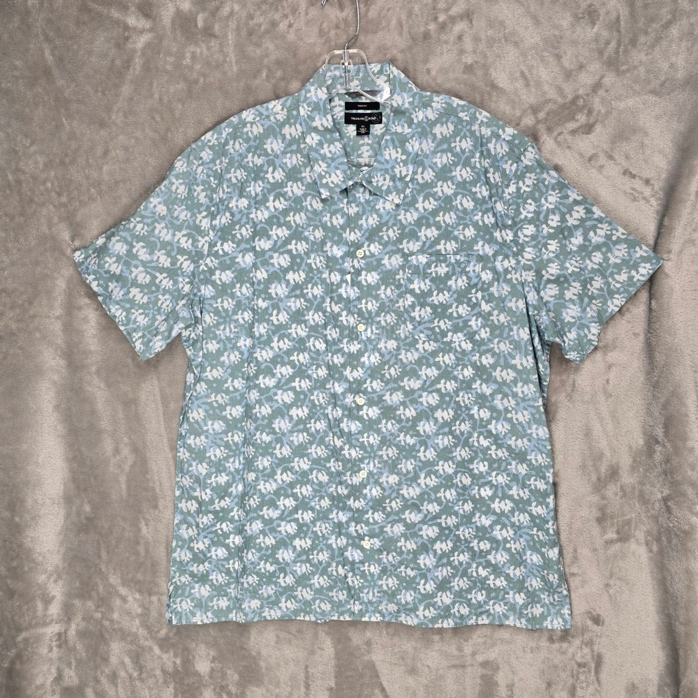 Treasure & Bond‎ Mens XL Trim Fit Button Up Shirt Green Seaglass Batik Print